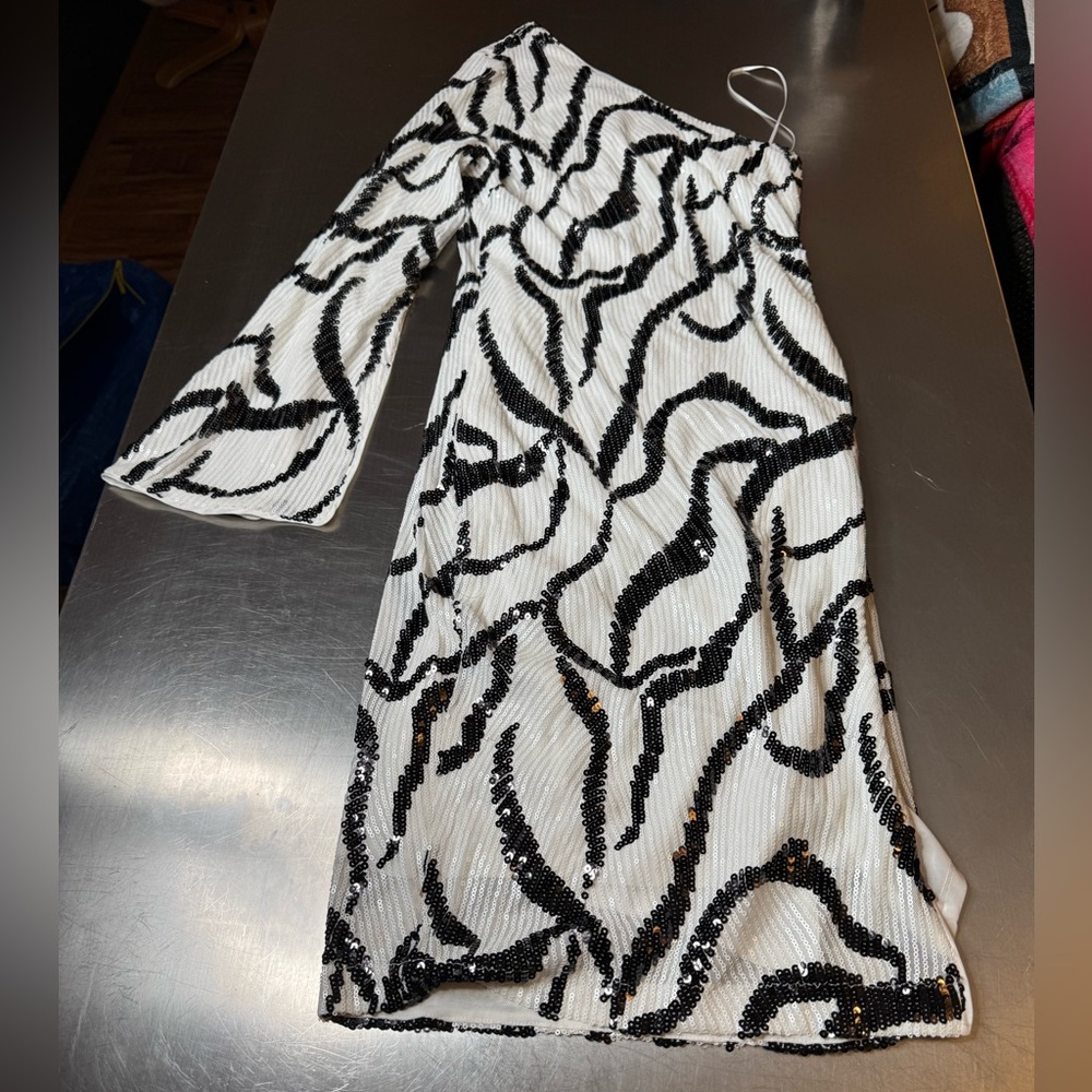 One Shoulder Black and White sequin Dress